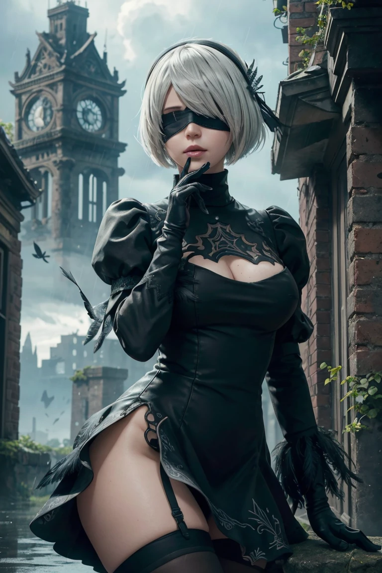2B Nier Automata,Bobcut, Gray Hair,Long sleeve, Juliet Sleeve, White gloves, turtleneck, bangs, Feather ornament, Feather ornament sleeves, Blindfold, Black Goth Dress,Photograph the whole body,Japanese Ultra HD,super high quality,masterpiece,Digital SLR,Photorealistic,Detailed details,Vivid details,Depicted in detail,A detailed face,Detailed details,Super Detail,Realistic skin texture,Anatomical basis,Perfect Anatomy,Anatomically correct hand,Anatomically correct fingers,Complex 3D rendering,Sexy pose,Rainy Sky,Beautiful scenery,Fantastic rainy sky,Fantasy worldview,Picturesque,Pink Lips,Black butterfly々Fluttering,A ruined world,A devastated battlefield,ruins,