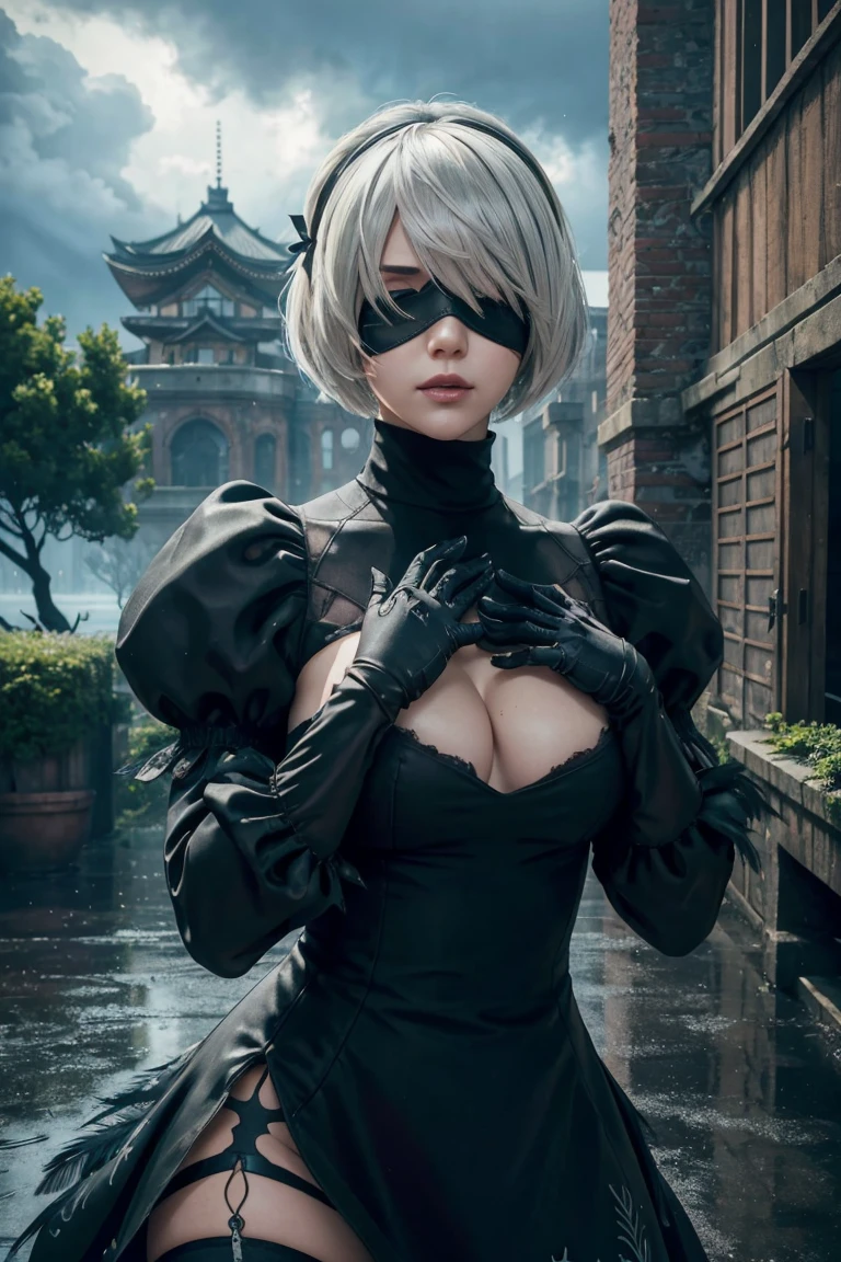 2B Nier Automata,Bobcut, Gray Hair,Long sleeve, Juliet Sleeve, White gloves, turtleneck, bangs, Feather ornament, Feather ornament sleeves, Blindfold, Black Goth Dress,Photograph the whole body,Japanese Ultra HD,super high quality,masterpiece,Digital SLR,Photorealistic,Detailed details,Vivid details,Depicted in detail,A detailed face,Detailed details,Super Detail,Realistic skin texture,Anatomical basis,Perfect Anatomy,Anatomically correct hand,Anatomically correct fingers,Complex 3D rendering,Sexy pose,Rainy Sky,Beautiful scenery,Fantastic rainy sky,Fantasy worldview,Picturesque,Pink Lips,Black butterfly々Fluttering,A ruined world,A devastated battlefield,ruins,