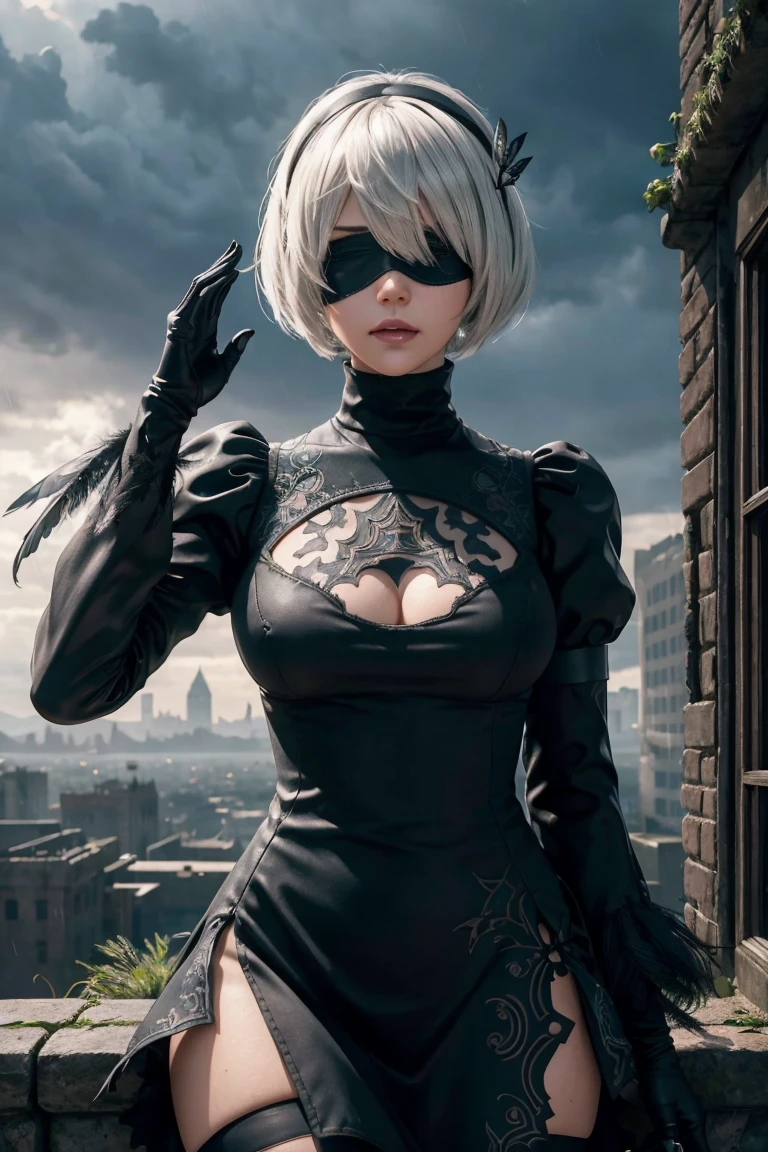 2B Nier Automata,Bobcut, Gray Hair,Long sleeve, Juliet Sleeve, White gloves, turtleneck, bangs, Feather ornament, Feather ornament sleeves, Blindfold, Black Goth Dress,Photograph the whole body,Japanese Ultra HD,super high quality,masterpiece,Digital SLR,Photorealistic,Detailed details,Vivid details,Depicted in detail,A detailed face,Detailed details,Super Detail,Realistic skin texture,Anatomical basis,Perfect Anatomy,Anatomically correct hand,Anatomically correct fingers,Complex 3D rendering,Sexy pose,Rainy Sky,Beautiful scenery,Fantastic rainy sky,Fantasy worldview,Picturesque,Pink Lips,Black butterfly々Fluttering,A ruined world,A devastated battlefield,ruins,