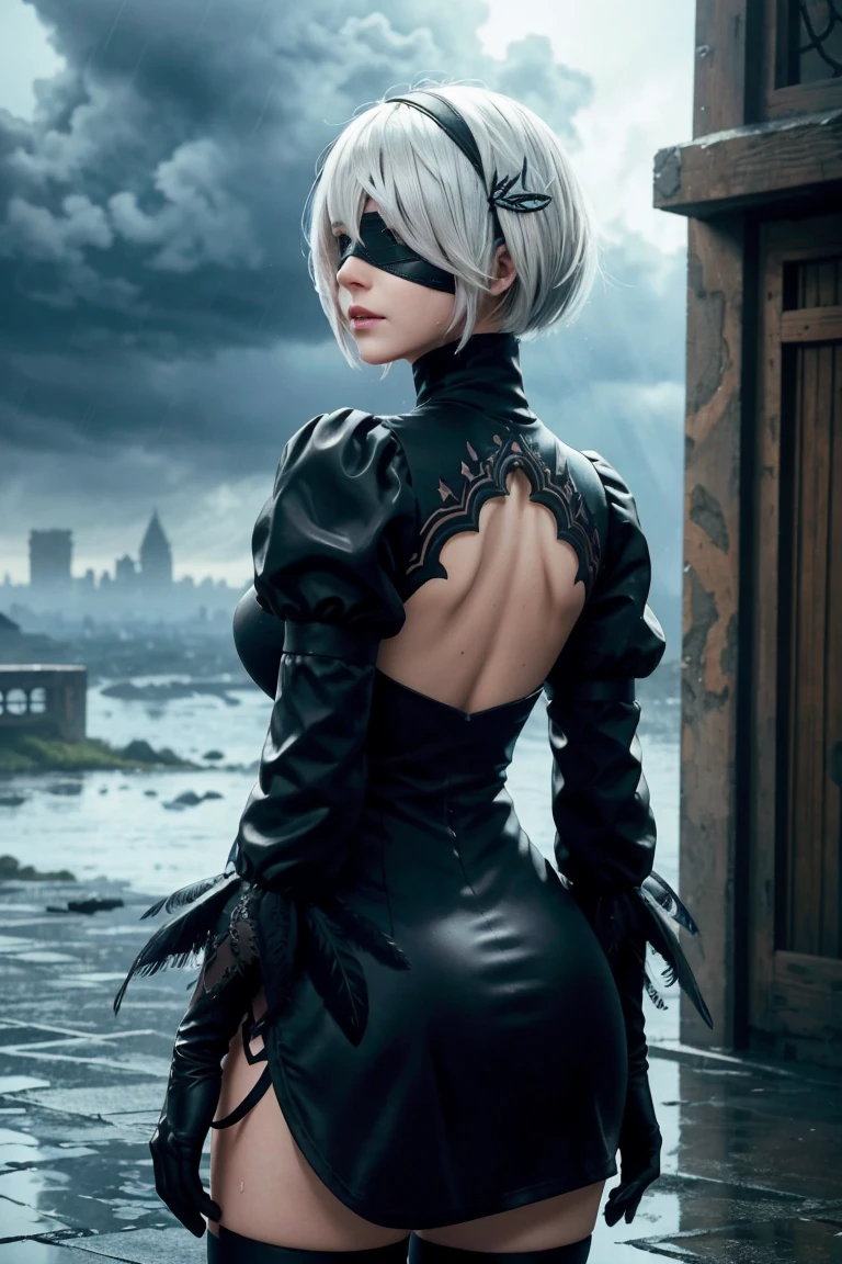 2B Nier Automata,Bobcut, Gray Hair,Long sleeve, Juliet Sleeve, White gloves, turtleneck, bangs, Feather ornament, Feather ornament sleeves, Blindfold, Black Goth Dress,Beautiful back view,Japanese Ultra HD,super high quality,masterpiece,Digital SLR,Photorealistic,Detailed details,Vivid details,Depicted in detail,A detailed face,Detailed details,Super Detail,Realistic skin texture,Anatomical basis,Perfect Anatomy,Anatomically correct hand,Anatomically correct fingers,Complex 3D rendering,Sexy pose,Rainy Sky,Beautiful scenery,Fantastic rainy sky,Fantasy worldview,Picturesque,Pink Lips,Black butterfly々Fluttering,A ruined world,A devastated battlefield,ruins,