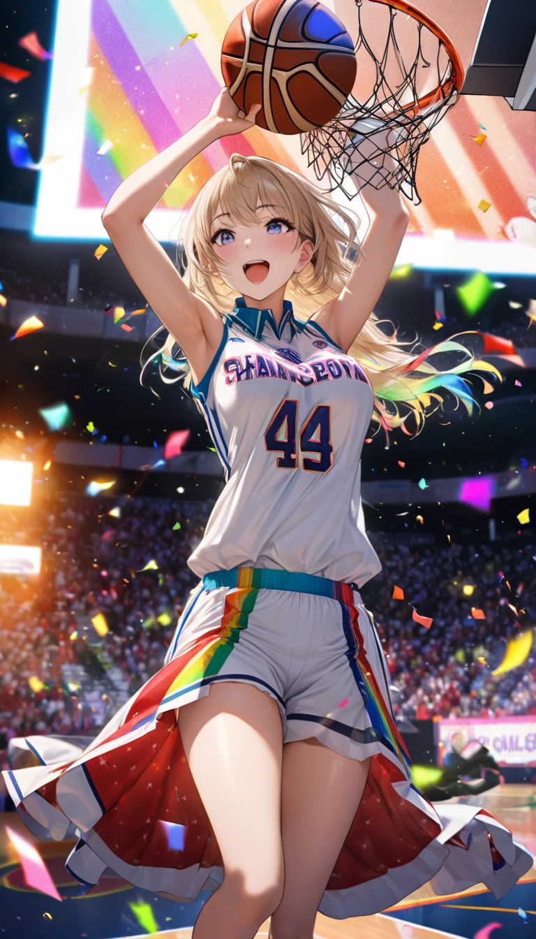 Highest quality, Highest quality, 16K, Unbelievably absurd, Very detailed, delicate and dynamic, Natural light, The particles reflect the rainbow colors, Diffuse reflection of light, Vortex of Light, Lots of rainbow-colored confetti falling, Basketball court, night, illumination, Create amazing image effects, Close-up, (sole sexy girl, Firm bust, Idol singer, powerful, Game-winning dunk by a professional basketball player, Hollow,, Basketball Uniforms,)
