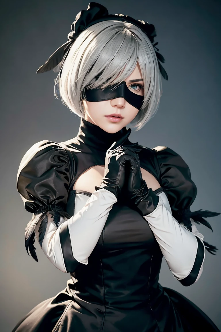 2B Nier Automata,Bobcut, Gray Hair,Long sleeve, Juliet Sleeve, White gloves, turtleneck, bangs, Feather ornament, Feather ornament sleeves, Blindfold, Black Goth Dress,Bird's-eye view,Japanese Ultra HD,super high quality,masterpiece,Digital SLR,Photorealistic,Detailed details,Vivid details,Depicted in detail,A detailed face,Detailed details,Super Detail,Realistic skin texture,Anatomical basis,Perfect Anatomy,Anatomically correct hand,Anatomically correct fingers,Complex 3D rendering,Sexy pose,Rainy Sky,Beautiful scenery,Fantastic rainy sky,Fantasy worldview,Picturesque,Pink Lips,Black butterfly々Fluttering,A ruined world,A devastated battlefield,ruins,