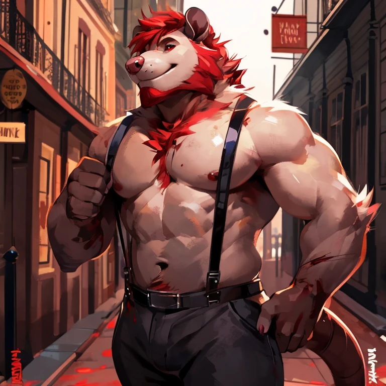 Solo, Medium muscular, Possum, short blood red hair, blood red beard, blood red chest fur, Dark gray and Cream color fur, pinkish red and black eyes, pants with suspenders, Shirtless, In New Orleans, By mystikfox61