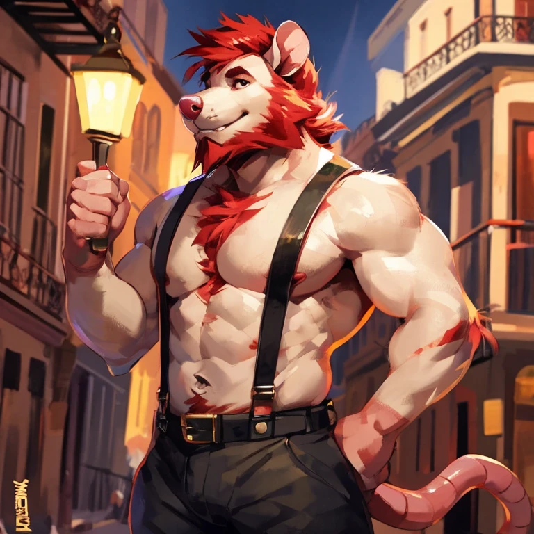 Solo, Medium muscular, Possum, short blood red hair, blood red beard, blood red chest fur, Dark gray and Cream color fur, pinkish red and black eyes, pants with suspenders, Shirtless, In New Orleans, By mystikfox61