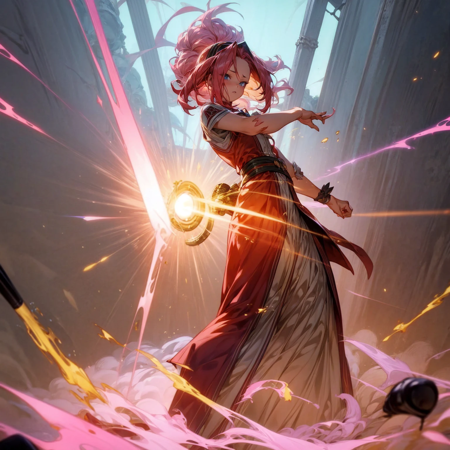 1girl, Full body version, 1character, blue eyes, long Curly haircut, pink colour hair, ancient roman style clothing, red colour clothing, Grassroots, background in field Castle, motion blur, (Hunter x Hunter style), aura effect, lighting aura, smoke effect, lighting sun, sun, plasma effect, smoke effect, fire, golden fireball,