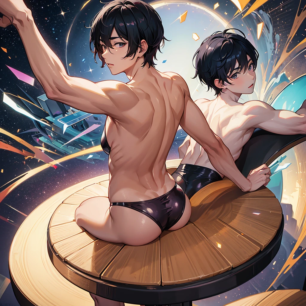 Asian boy , in a glittery thong , delicious back crack, on round chair ,