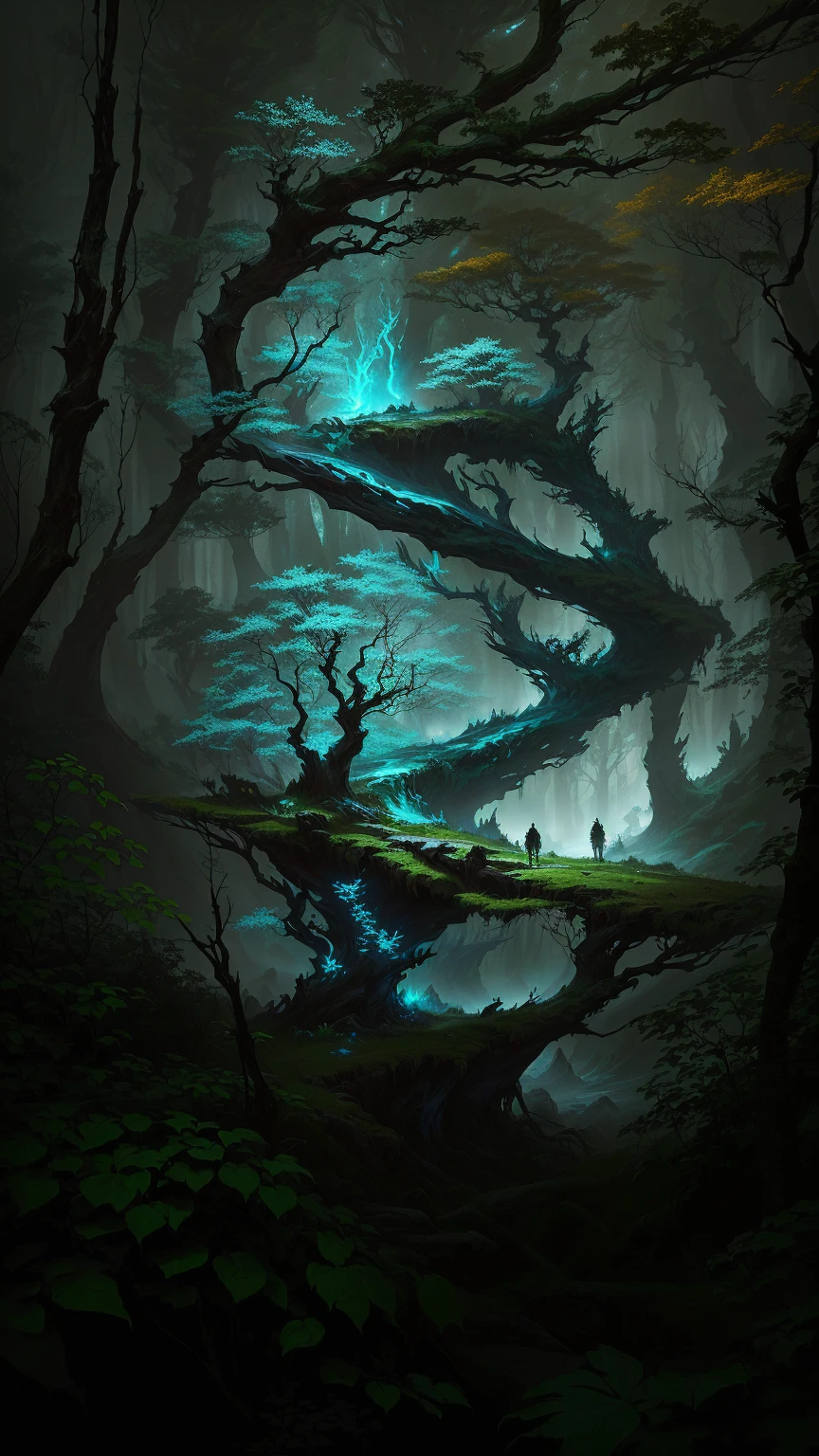 There is a painting，There is a forest in the painting，There is a river and a tree inside, Concept Art of a dark forest, environmental Concept Art, painted as a game Concept Art, environment Concept Art, Concept Art, Concept Art, dota 2 Concept Art, luminescent Concept Art, dark Concept Art, 2d Concept Art, environment and Concept Art, award-winning Concept Art