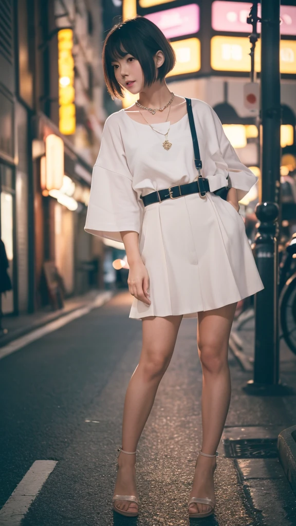 (Highest quality, 8K, 32k, masterpiece, Ultra-high resolution: 1.2), Cute Japanese Women Photos, Very short bob hair, whole body, Stylish clothing, necklace, Simple Background,(Film aesthetics:1.4) Bokeh urban night photo of a beautiful fashion model、Model pose including feet