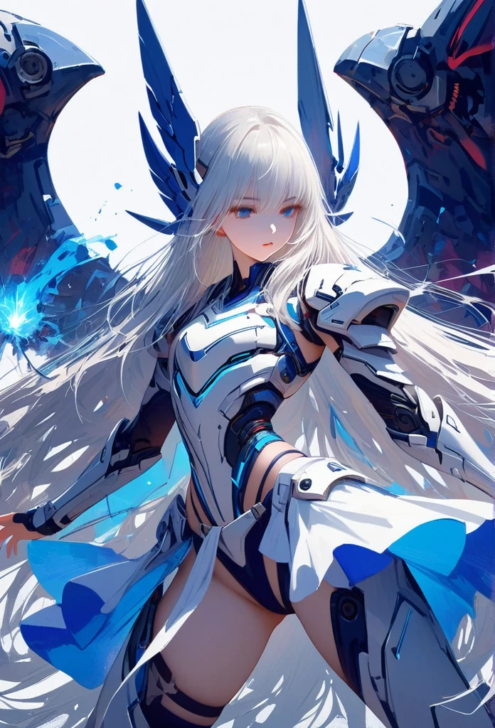 masterpiece, best quality, colorful, cowboy shooting, (pale skin:1.2), flat chest, Mecha, armor, girl,Mechanical_Body, High resolution, white hair, Very long hair, garlic, , alone, blue eyes, white coat, Soft fabric waist extension, blue energy, destroy, quantum energy, Mechanical wings