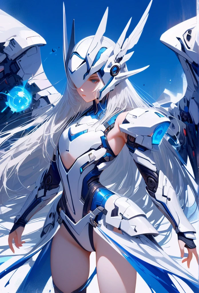 masterpiece, best quality, colorful, cowboy shooting, (pale skin:1.2), flat chest, Mecha, armor, girl,Mechanical_Body, High resolution, white hair, Very long hair, garlic, , alone, blue eyes, white coat, Soft fabric waist extension, blue energy, destroy, quantum energy, Mechanical wings