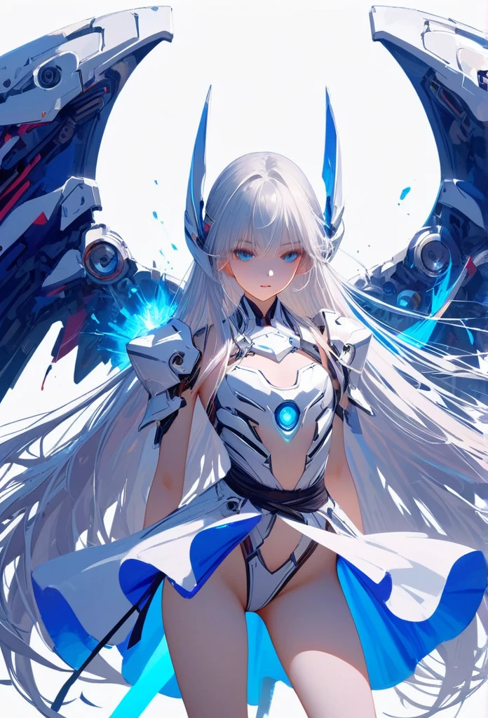 masterpiece, best quality, colorful, cowboy shooting, (pale skin:1.2), flat chest, Mecha, armor, girl,Mechanical_Body, High resolution, white hair, Very long hair, garlic, , alone, blue eyes, white coat, Soft fabric waist extension, blue energy, destroy, quantum energy, Mechanical wings