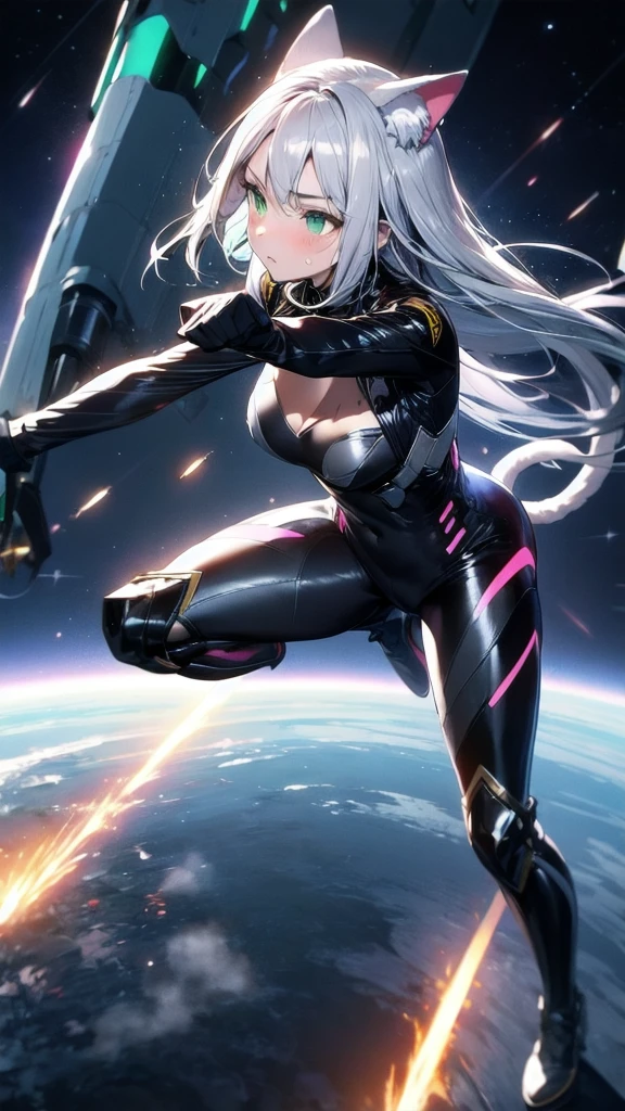 A silver-haired beautiful girl with cat ears eyes are green hair is silver and long clothes: a form-fitting black combat suit The fist is an afterimage The background is a city at night her is in a cat-like fighting pose The year is 14 years monitor, Dark Night, Sweat, Steam of Exhalation, Space, Battle, Dynamic Angle one girl