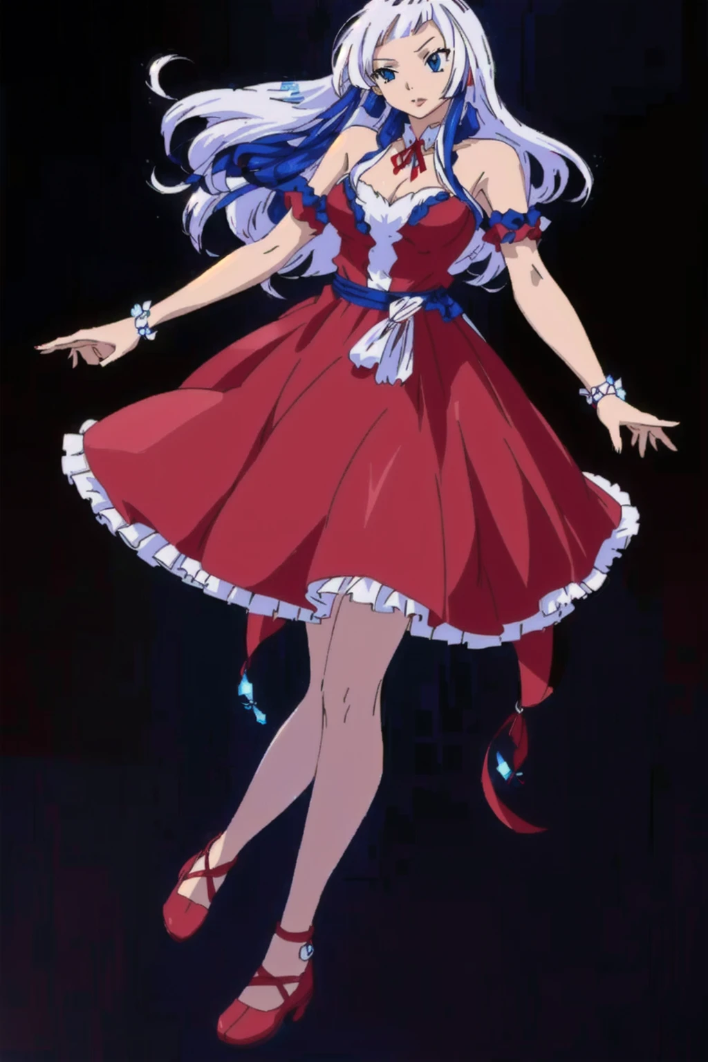 a woman in a red dress, in dress, cute anime waifu in a nice dress, fine details, anime full body illustration, female anime character, white hair, blue eyes, blue and white pattern in red dress