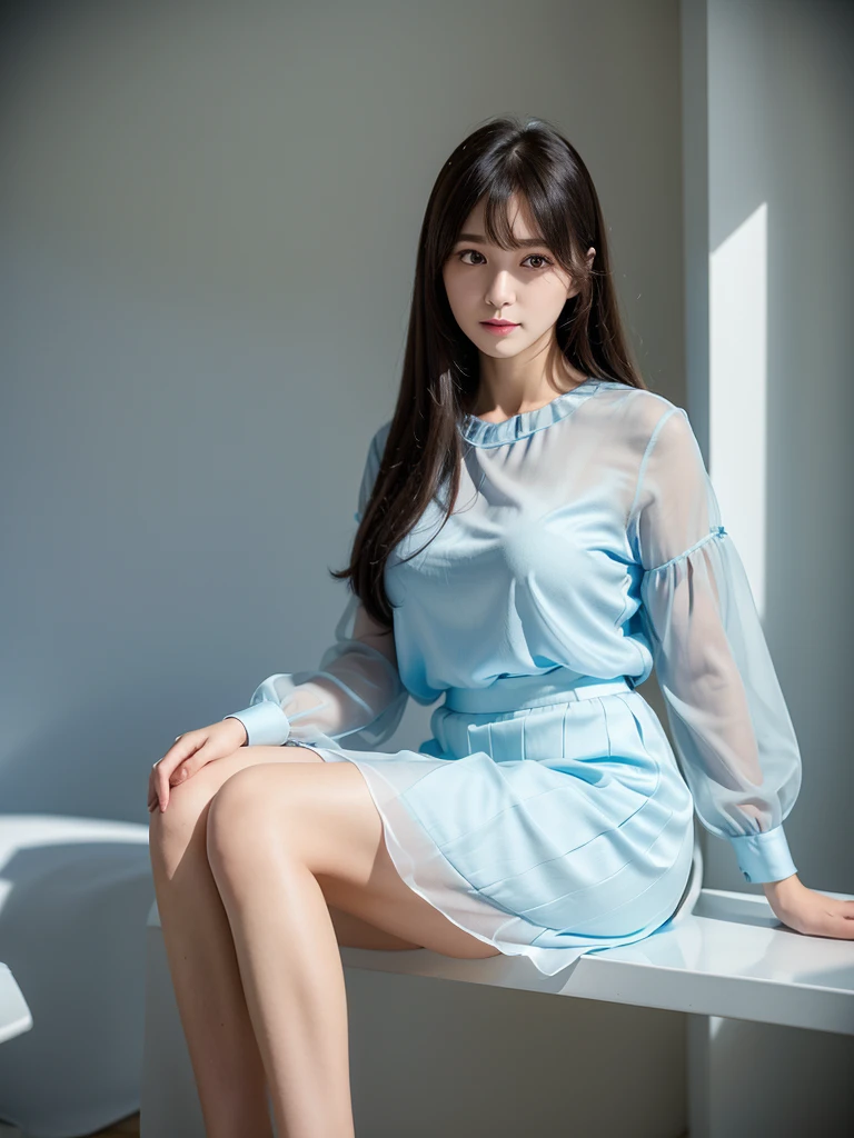 White Office、Mid-length polyester skirt 、Whiteish light blue sheer chiffon blouse、(Highest quality)、((Very detailed))、4K、(8K)、masterpiece、Very detailedな、Highest quality、Super Resolution、1 person、Kind Face、Soft Light、RAW quality、Soft Skin、163cm、30 years old、From the knee up