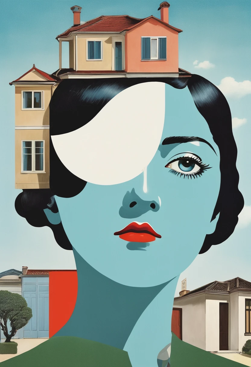 Cartoon Style,René Magritte,Weird misplaced art:有一张女人脸的Collage画,There are many different things on the face,house,Geometric Dislocation,Collage,Artistic sense,Painting,paint,Simple,