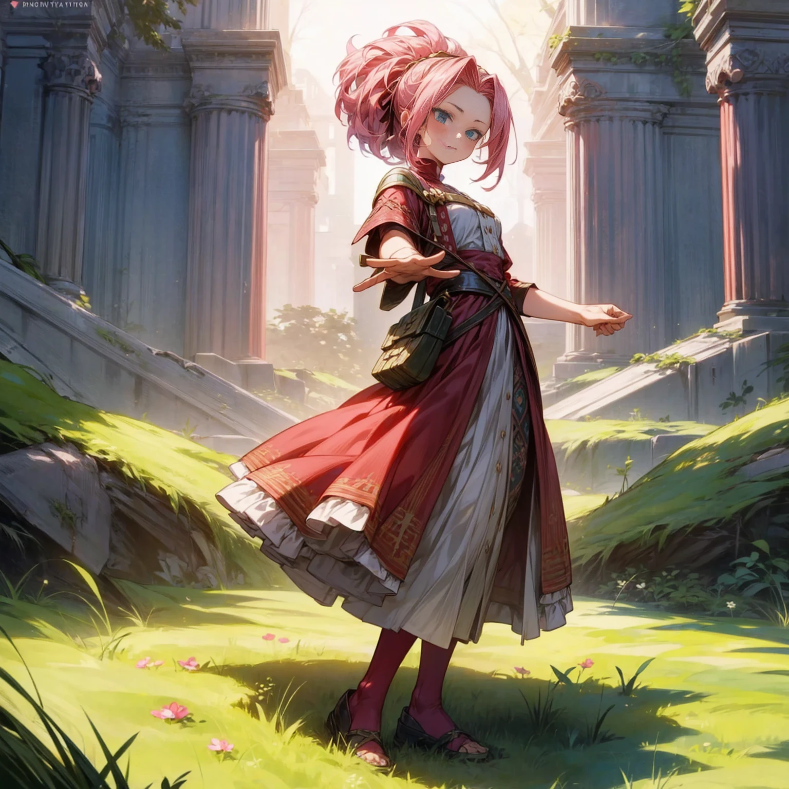 1girl, Full body version, 1character, blue eyes, long Curly haircut, pink colour hair, ancient roman style clothing, red colour clothing, Grassroots, background in field Castle, motion blur, (Hunter x Hunter style), standing gesture