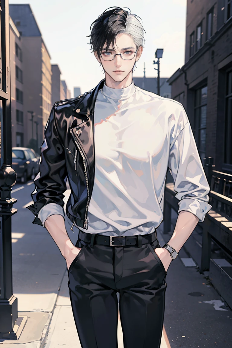 anime - (masterpiece), best quality, seductive eyes, mature face, black eyes, short slicked back white haircut, short length white hair, plain white t shirt, black leather jacket, black pants, glasses, tall man, long legs, masculine, broad shoulders, adult-like, full body, both hands on his pockets, bad boy, motorcycle, gangster look