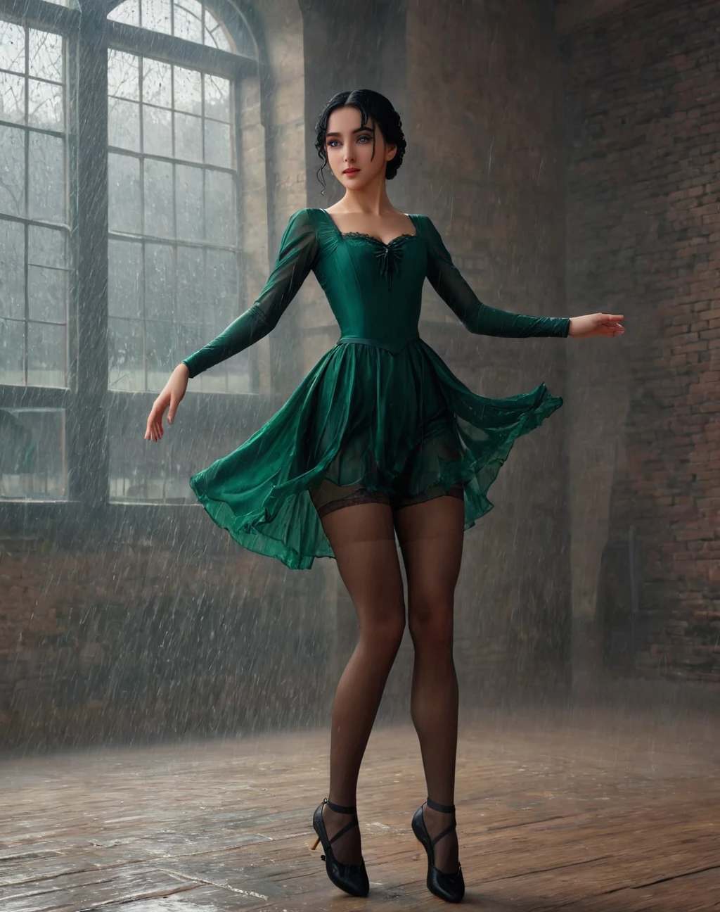 daughter of severus anape, 9-yeart-old , black hair, green eyes,(ultra best quality、in 8K、masuter piece、delicate illustration),(best quality,4k,8k,highres,masterpiece:1.2),ultra-detailed,realistic,portrait of a beautiful, Heavy Rain、Dancing Ballet、Girl、Dynamic composition、Vibrant colors, Bold brushstrokes, High contrast shadows. In the foreground,