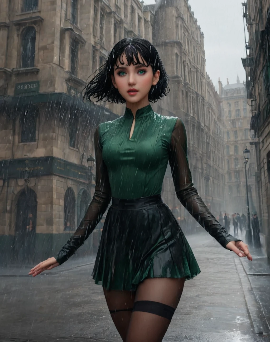 daughter of severus anape, 9-yeart-old , black hair, green eyes,(ultra best quality、in 8K、masuter piece、delicate illustration),(best quality,4k,8k,highres,masterpiece:1.2),ultra-detailed,realistic,portrait of a beautiful, Heavy Rain、Dancing Ballet、Girl、Dynamic composition、Vibrant colors, Bold brushstrokes, High contrast shadows. In the foreground,