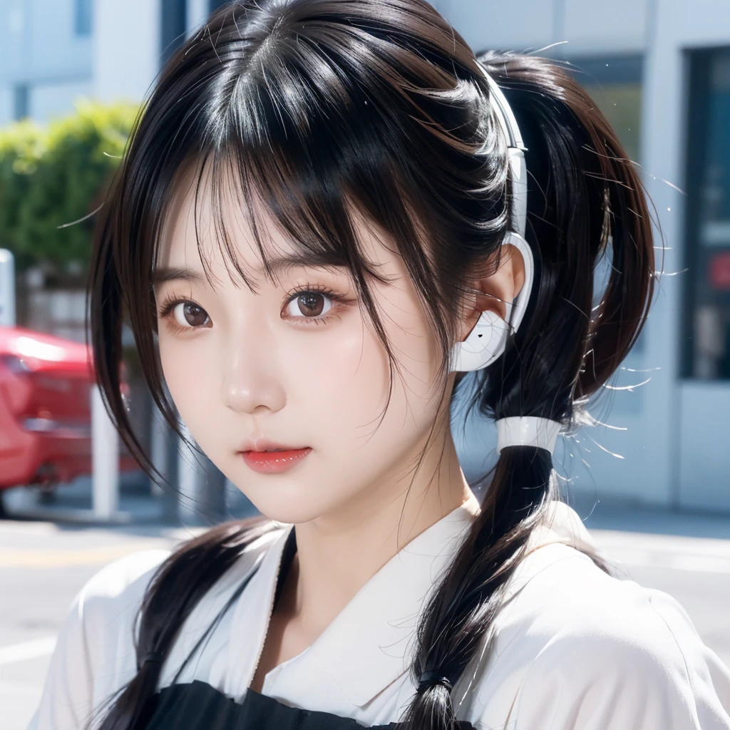 35-year-old Japanese woman、Black Hair、The hair is very short、Twin tails、High school girl cosplay、headphones、flat chest、Realistic photos、Realistic、8K quality、tall、No bangs、Street Snap、Close-up of face、Afterschool