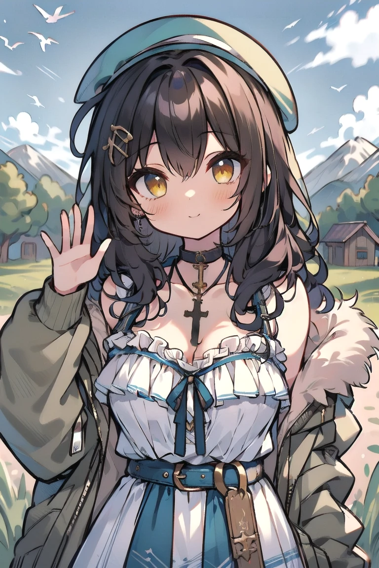 (masterpiece:1.2), (high quality:1.2), girls with((1girl, solo, black hair, yellow eyes, smiling, (wavy long hair, millitary beret, hairclips:1.45), blush, breasts, choker, cleavage, coat, cowboy shot, navy lace dress, camisole, ribbon waist belt, black ribbon belt, red bow, red ribbon, neck ribbon, collar, collarbone, rosary, rosary choker, cross, fur, fur trim, parka, khaki hoodie, green hoodie, khaki jacket, hood down, hooded coat, hooded jacket, hoodie, jacket, large breasts, long sleeves, medium breasts, open clothes, open coat,open hoodie, sleeveless, winter clothes, zipper, cleavage, upper body, hand up, waving, palm)), background with((architecture, blue sky, bush, castle, village, no humans, cloud, cloudy sky, day, field, garden, grass, hill, house, lamppost, landscape, mountain, mountainous horizon, nature, no humans, outdoors, scenery, shrine, sky))