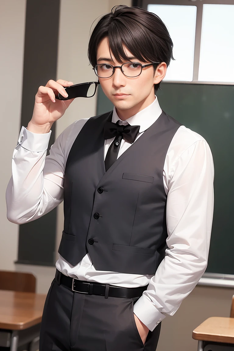 A 40 years old man, white button shirt, eye glasses, black tie, school principal