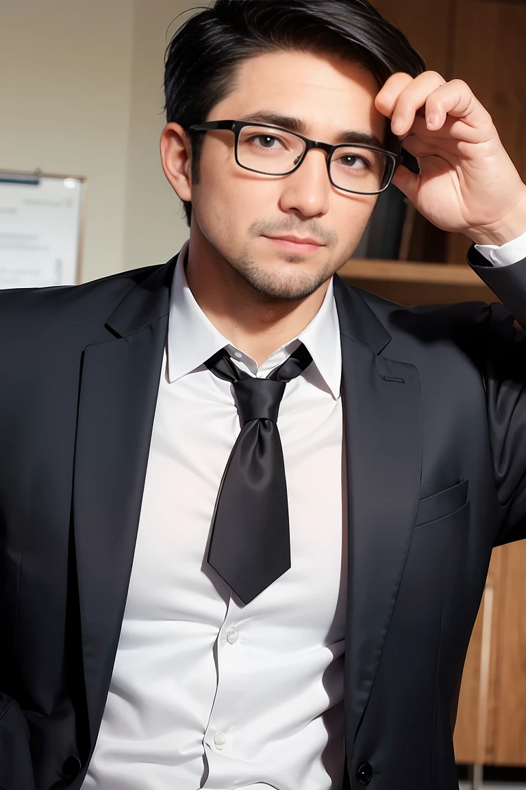 A 40 years old man, white button shirt, eye glasses, black tie, school principal