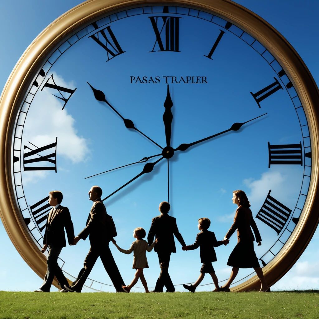 arafed image of a family walking in a line with a clock in the background, the passage of time, time travelers, time travel, human evolution, evolution of man, the passing of time, evolution, transhumanist evolution, time is running out, traveling through time, accurate walk cycle, time does not exist anymore, time shift, time traveler