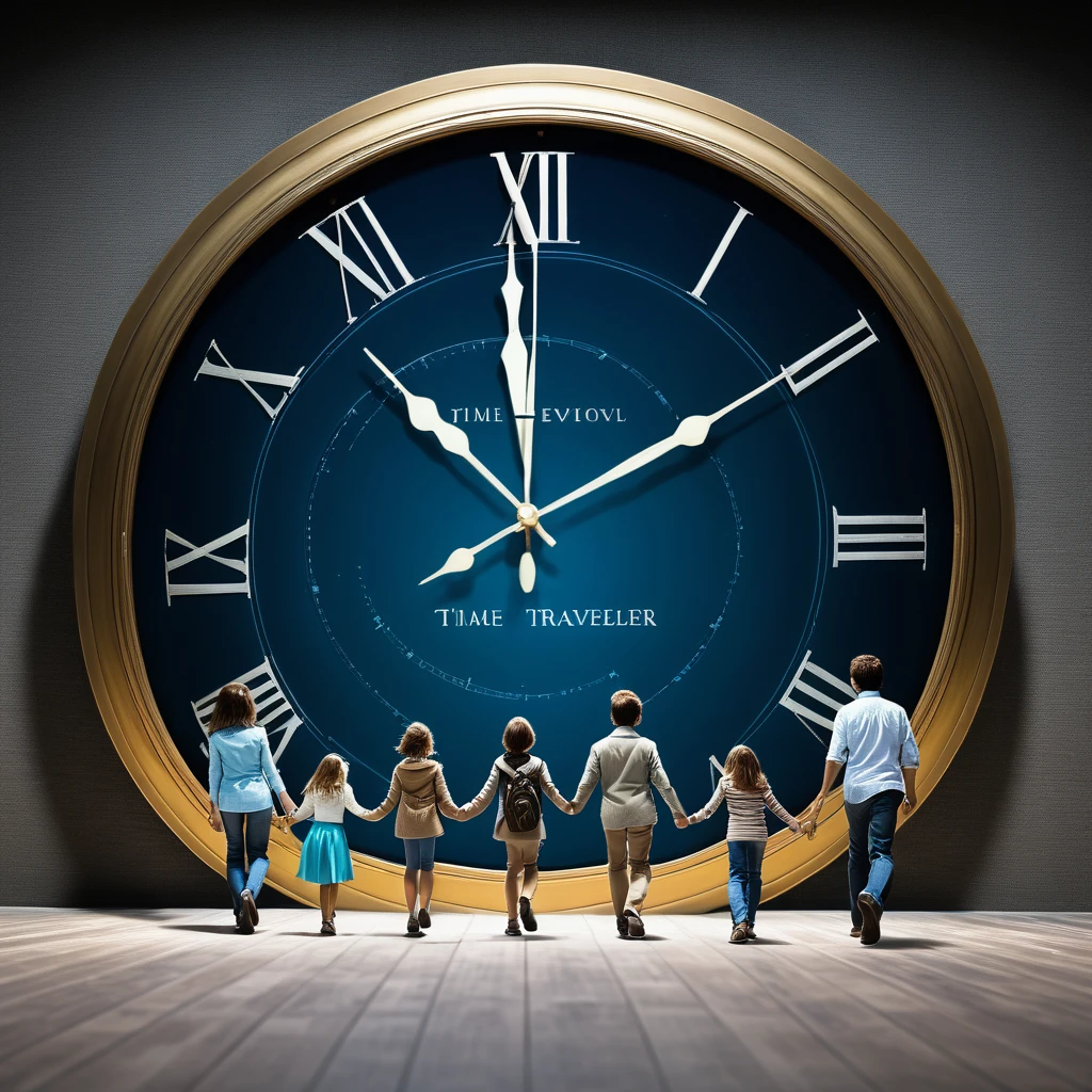 arafed image of a family walking in a line with a clock in the background, the passage of time, time travelers, time travel, human evolution, evolution of man, the passing of time, evolution, transhumanist evolution, time is running out, traveling through time, accurate walk cycle, time does not exist anymore, time shift, time traveler