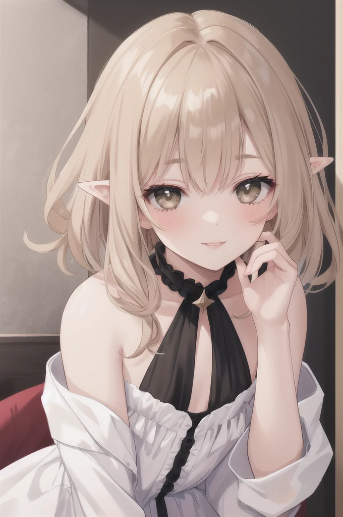 1 girl, ((masterpiece,best quality)), upper body, smile, leaning forward, finger on lips, - **Eyes**: Almond-shaped, light brown with a hint of amber - **Nose**: Small, straight with a slight upturn - **Lips**: Medium, peach with a natural gloss - **Hair**: Shoulder-length, straight, dark blonde - **Skin Tone**: Olive with a warm undertone - **Eyebrows**: Thin, arched - **Cheekbones**: Soft and rounded - **Chin**: Small and pointed - **Ears**: Medium-sized and close to the head - **Expression**: Confident and charismatic