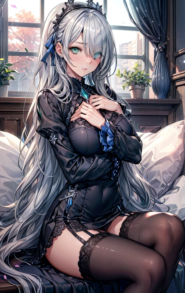 {{masterpiece}},best quality,Highly detailed CG Unity 8K wallpaper,One woman,movie lighting,lens flare glow,
BREAK (blue platinum straight long hair:1.6), (hair over one eye:1.2),
BREAK (beautiful detailed chrome-green eyes:1.2), clear face, perfect eye makeup, beautiful eyes, perfect style, perfect body, cute tops with lace, emphasize the chest, mini skirt, shiny thighs, costume with lace, The luxurious interior of a high-class brothel, Sit on the bed, open your legs, Roses, garter belt, black stockings,