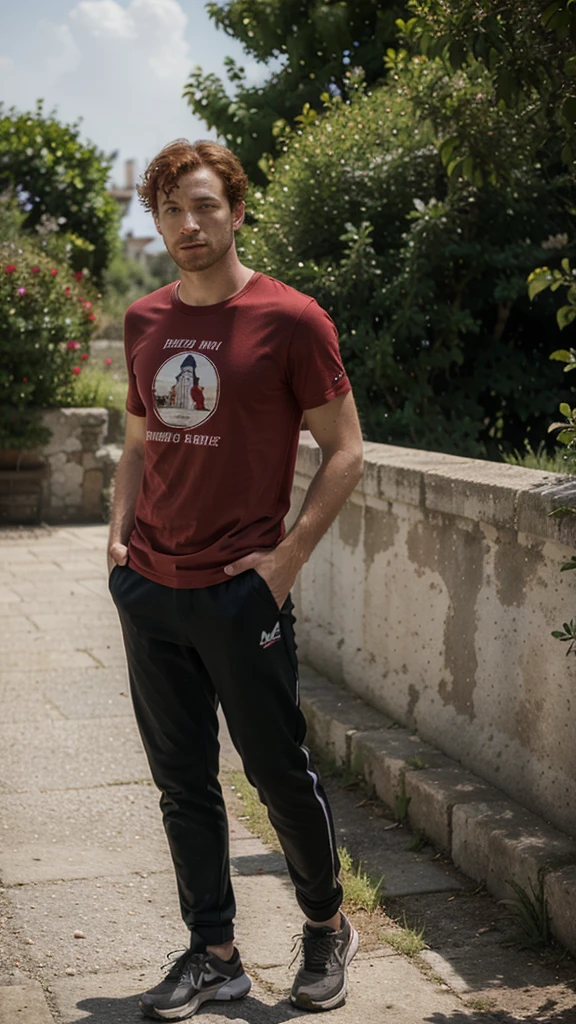 france man, red curly hair, looking for a bird, wearing t-shirt and trousers, view in the nature