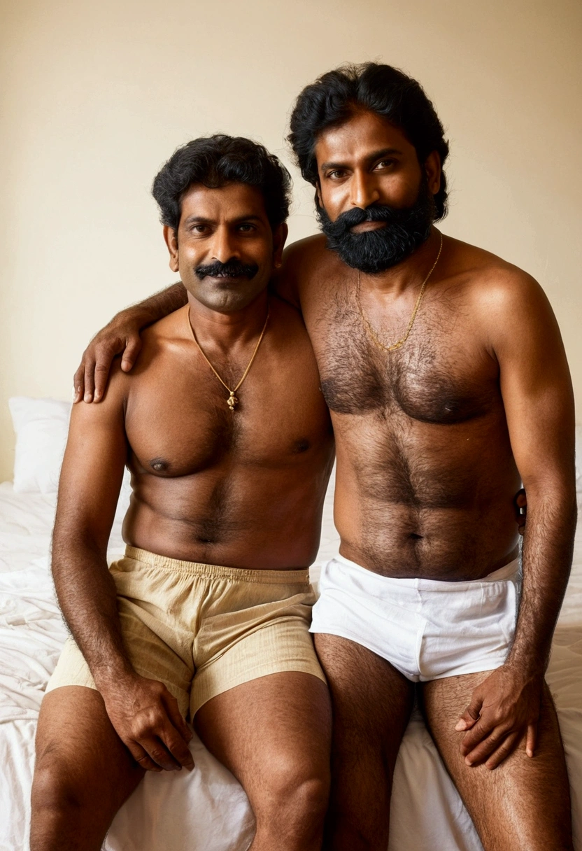 South indian two men, 9 height 5'6" and age 4ght 6', both are Indian brown skin tone, both are hairy body, both are wearing long shorts, both men are lying and hugging together on bed.