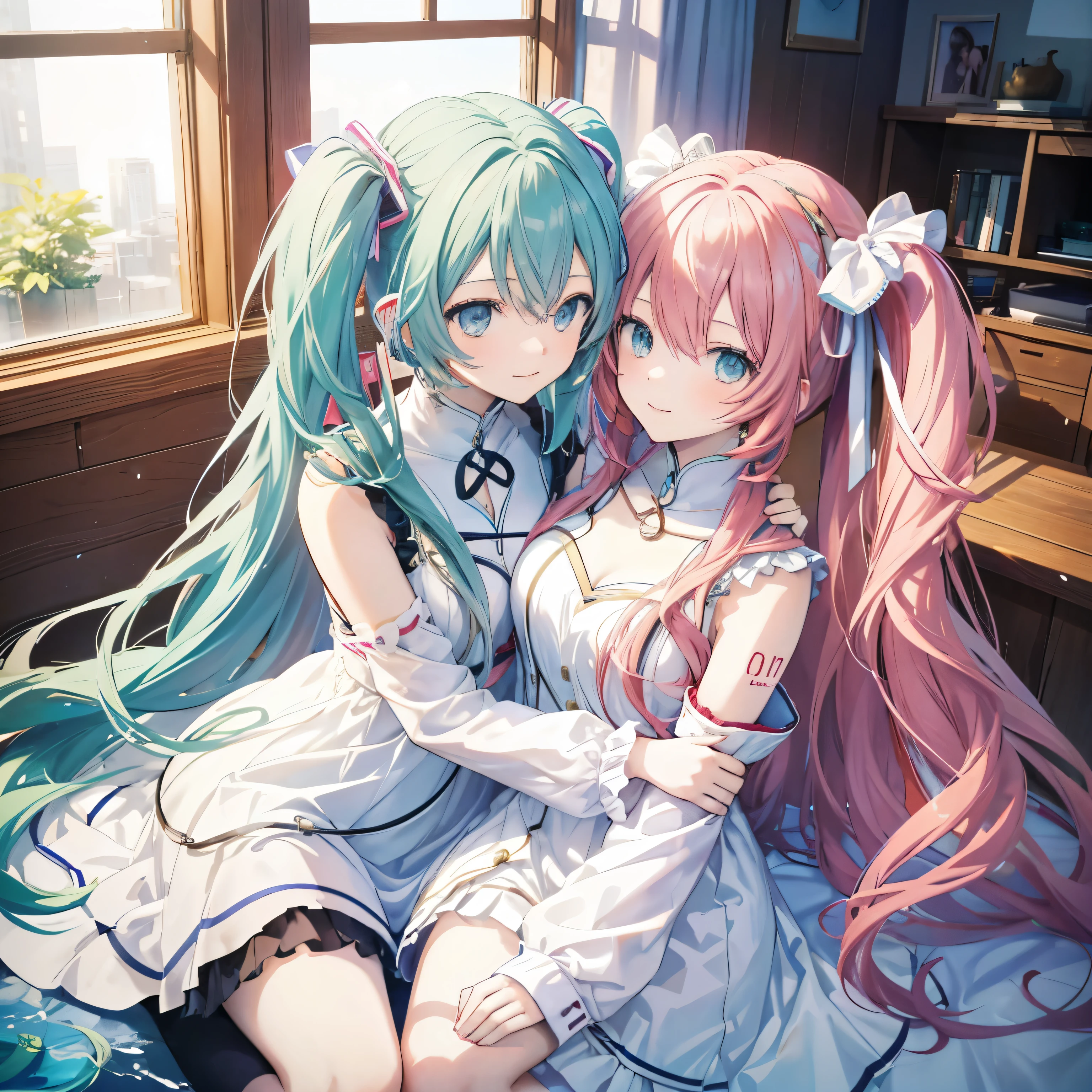 hatsune miku、Megurine Luka、Two Girls、smile、Look at this、Wearing a light white dress、They are hugging each other、Sitting