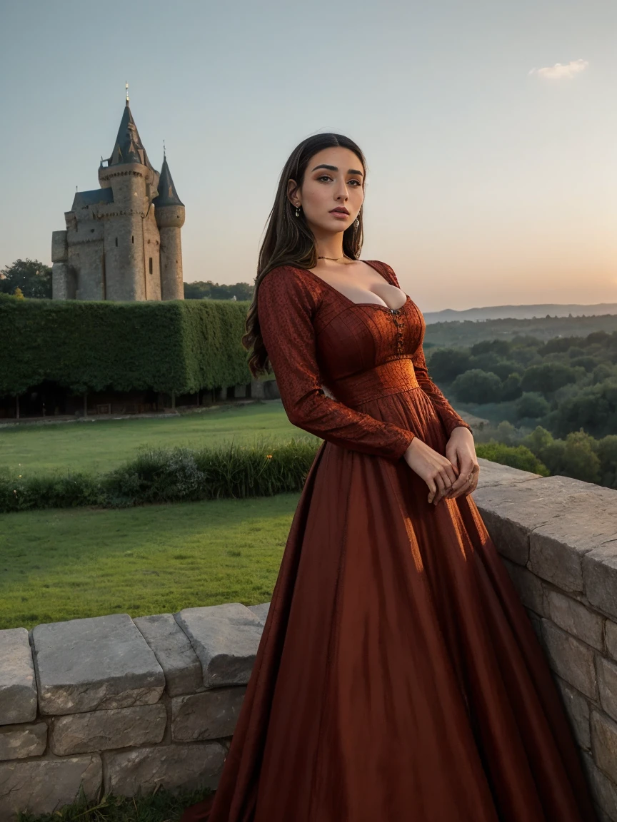 Beautiful and regal, imperious and aloof, busty athletic (thin) brunette queen with sharp facial features wearing a modest updo, dark red medieval dress, long sleeves, intricate patterns, embroidery, wide neck, crown, veil, long dress, modest dress, tight bodice, (silver waist chain), medieval jewelry, Middle Ages, castle, rampart, wall, exterior, on top of a castle wall, trees, countryside, evening, sunset.