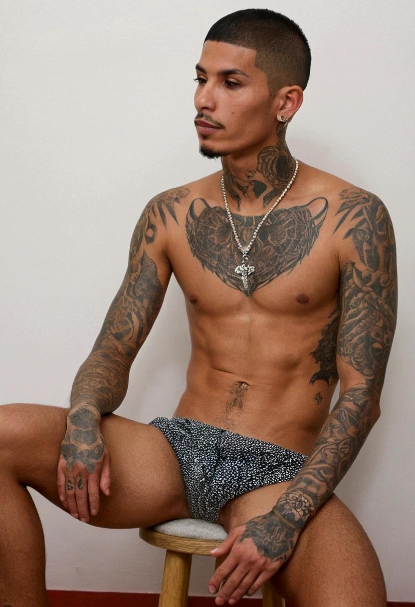 latin men, brazilian, short hair, very thin body, tattooed, full body, sit, open legs, show penis, hard penis, dick