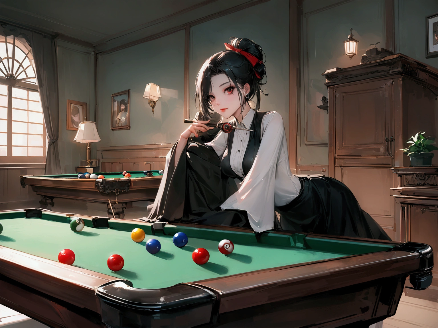 A woman leaning on a pool table,With a club in his hand, Inspired by Zhang Shumin, Billiard room, qiu fang, Cover photo, wei wang, by Fei Danxu, the Billiard room, Wenjun Lin, photography, wenfei ye, jinyiwei, chengwei pan, author:Yan Hui, Xue Han, Inspired by Fei Danxu