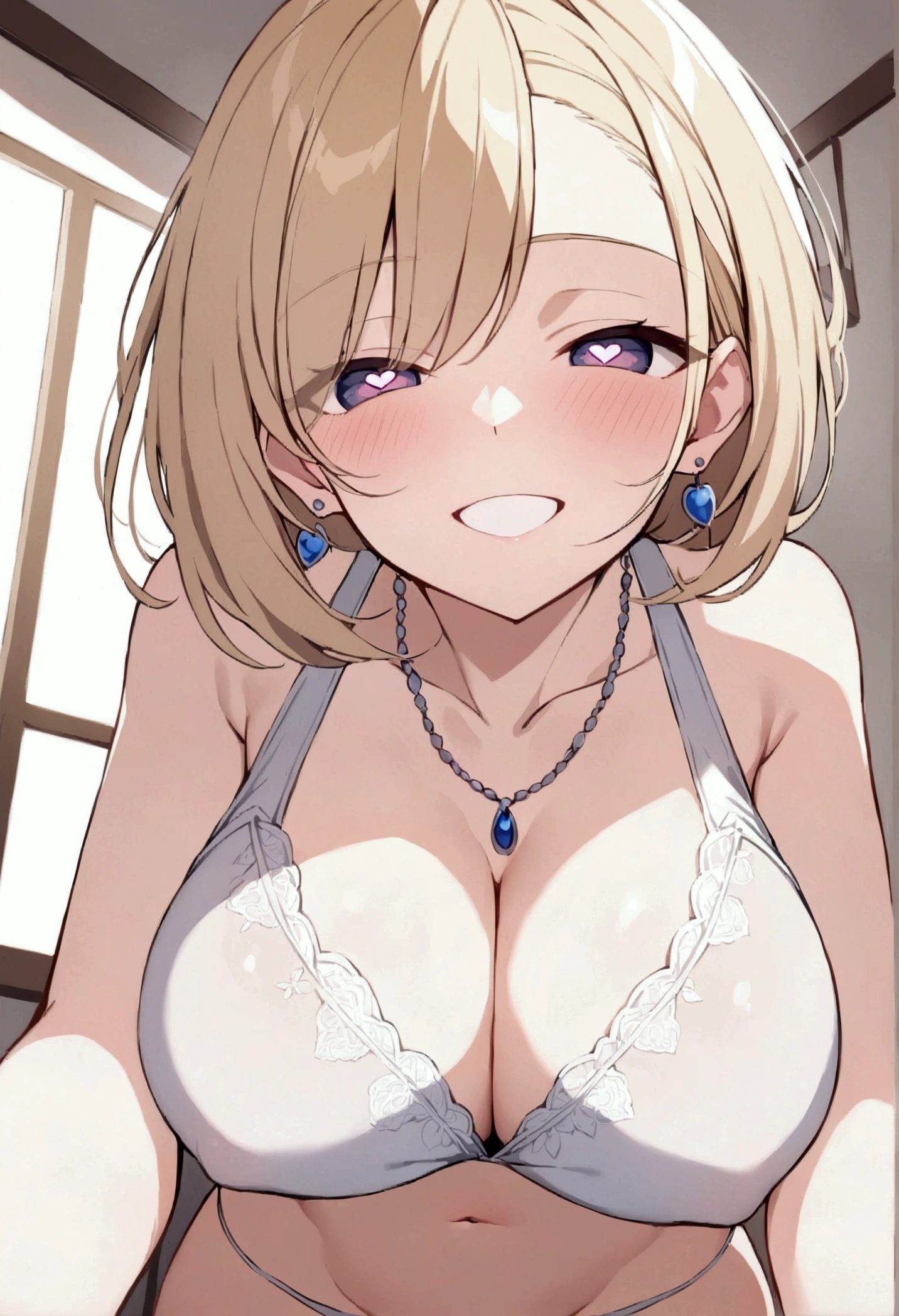 slender, mature female,　slender, mature female, earrings, breasts, jewelry, smile, blush, grin, large_breasts, blonde_hair, short_hair, heart-shaped_pupils, looking_at_viewer, from_below, symbol-shaped_pupils, open_mouth, teeth, bangs, half-closed_eyes, parted_lips, indoors, solo_focus, brown_hair, navel, 1girl, blue_eyes, long_hair, pov, eyebrows_visible_through_hair, heart, purple_eyes, brown_eyes,necklace,