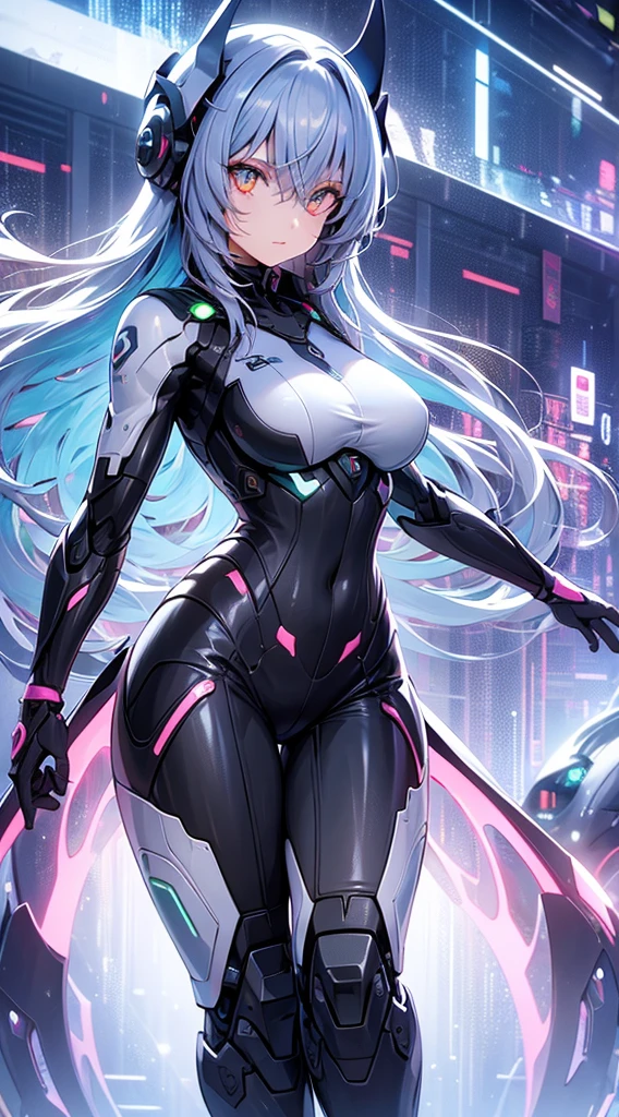 (8K, best quality, master piece: 1.2),super high resolution,1 girl, solo, full body ,ultra-detailed face, silme, Rainbow hair, thin hair clip, cyan colorshift eyes, expressive eyes, Ecstatic expression, Futuristic suit, metallic, neoprene, silver, blue, LED lights, holographic display, Rooftop in a futuristic city at night, neon blue, pink, purple, dark but neon lights are bright