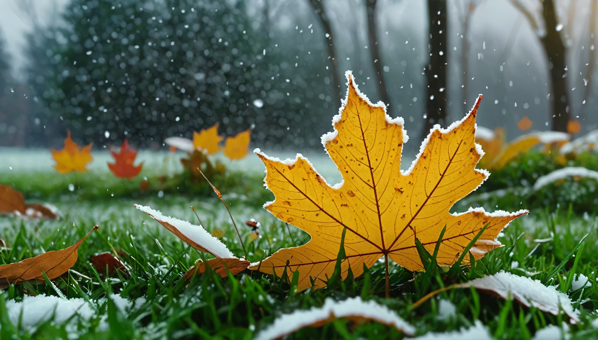 there is a round leaves that is sitting on the grass, magical round leaves leaves falling, snow is falling thinly,nature documentry footage, youtube video screenshot, today's featured photography 4k, autumn rain turkel, nature photography 4k, november, cinematic widescreen shot, leaves and magic, high quality screenshot, 2 0 2 1 cinematic 4 k framegrab, wide screenshot
