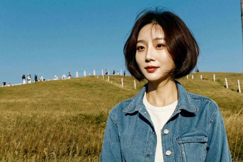 high quality, 1 woman, ((36-year-old healthy Korean woman)), ((36 years old)), 1 woman, eyes are big and beautiful. ((slim)), ((short medium hair)), Smile. pose: standing, Luxury brand windbreaker jacket, background: 1 woman, California, USA, pasture, Cow, grass. 푸른 grass, Full body shot with 16-34 wide angle lens, looking up the side, blue sky, Make the whole body visible