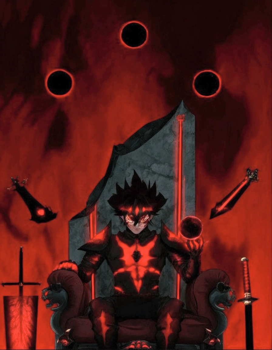 a cartoon image of meliodas sitting on a throne with a sword, symetry!! portrait of hades, emitting an evil red aura, the god of chaos, with bright red eyes, black gear prince crown, sitting on obsidian throne, the former demon king, the king of hell, prince crown of red gears, Dark God Sit on the Tron, king of hell