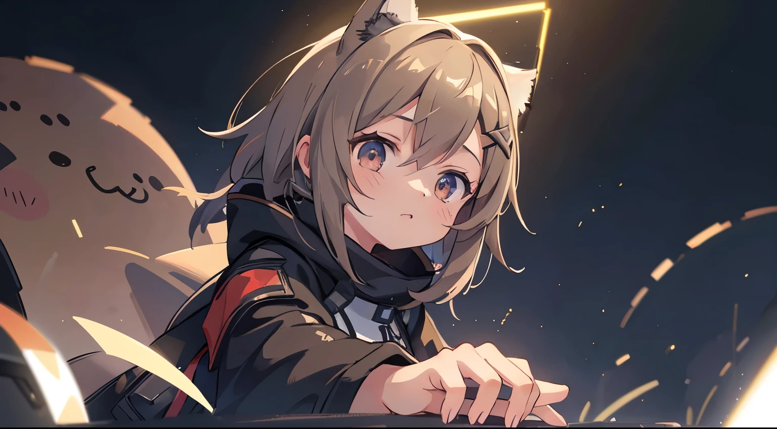 1girl, amiya \(arknights\), arknights, dirty face, outstretched hand, close-up, cinematic angle, foreshortening, dark, dark background, masterpiece, best quality
