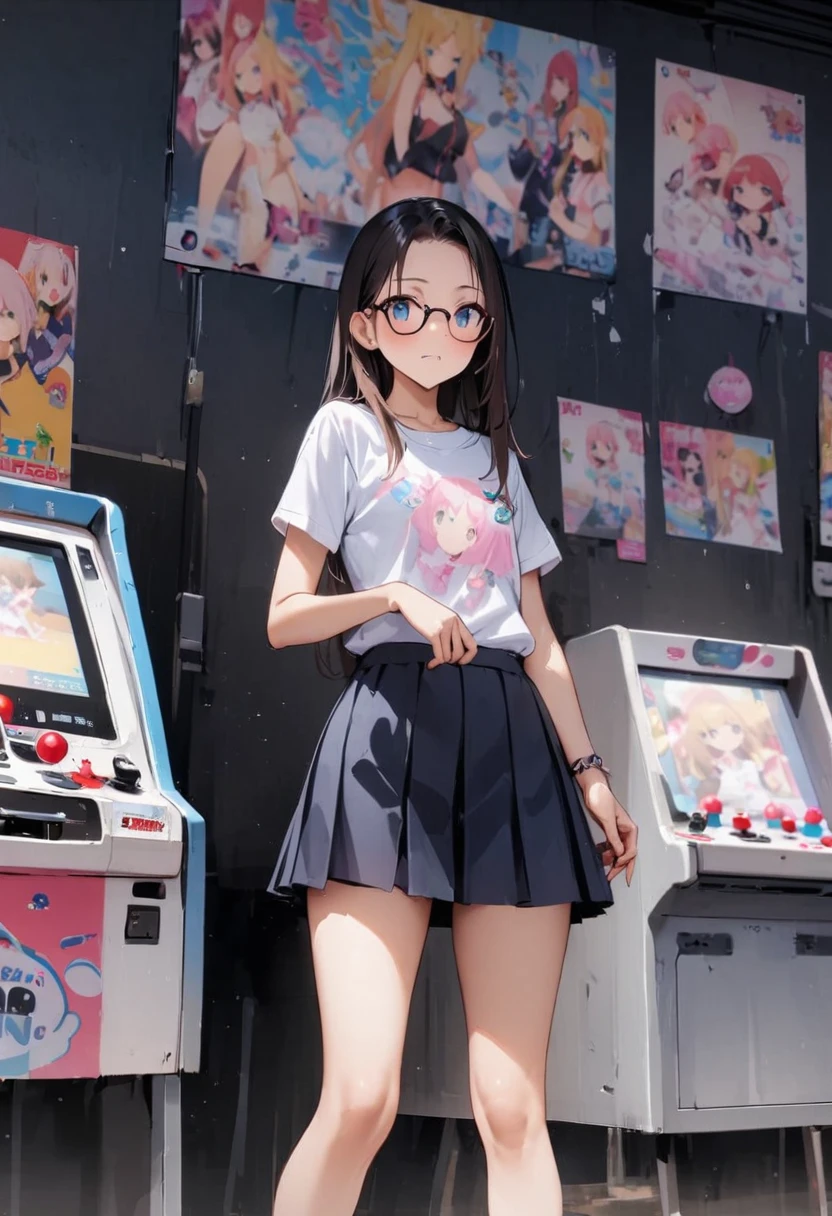 Fashionable glasses、back view, Backwards、Butt、back、back of head、Hips、Hair back、Calf、Very Very Mini Skirt、Panties、Chibi T-shirt、Panty shot、arcade、game machine、Game bench、UFO Catcher、Purikura、Date、forehead、Girl、Girl、Short、Younger、Lower school year、Baby Face、flat chest、Angry face、Dynamic Angle、masterpiece、best quality、ultra-detail、There are customers around、I'm making a mess、Clothing
