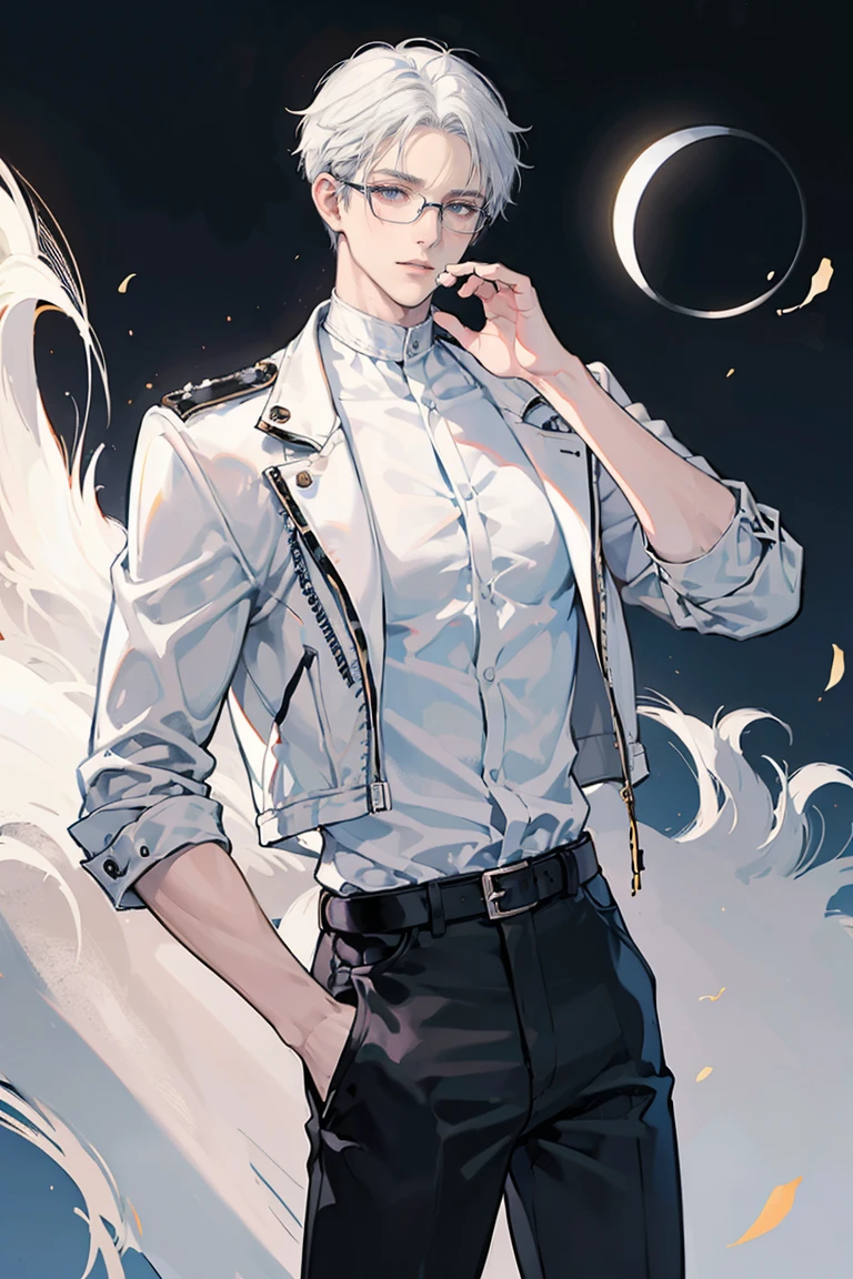 anime - (masterpiece), best quality, seductive eyes, mature face, black eyes, short slicked back white haircut, short length white hair, plain white t shirt, black leather jacket, black pants, glasses, tall man, long legs, masculine, broad shoulders, adult-like, full body, both hands on his pockets, bad boy, motorcycle