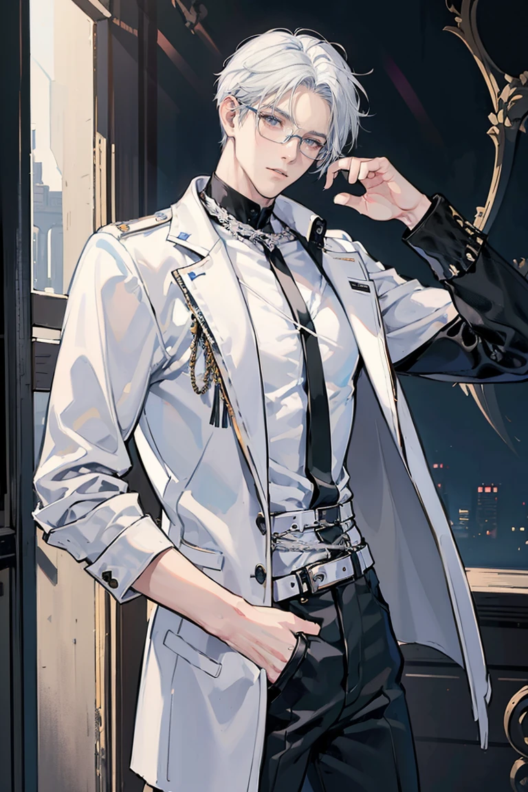 anime - (masterpiece), best quality, seductive eyes, mature face, black eyes, short slicked back white haircut, short length white hair, plain black t shirt, black leather jacket, black pants, glasses, tall man, long legs, masculine, broad shoulders, adult-like, full body, both hands on his pockets, bad boy, motorcycle
