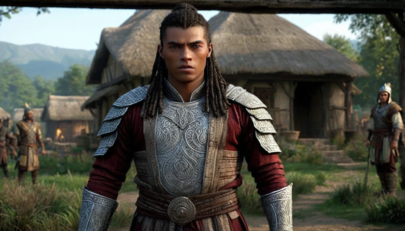 Characters: young Lucian, Description: showing signs of power from a young age, Era: ancient mythological times, Clothing: simple traditional attire, Location: small Debele village, Action: standing with a determined look, Background: village scene, Shot type: close-up, Style: hyper-realistic, photo realism, cinematography