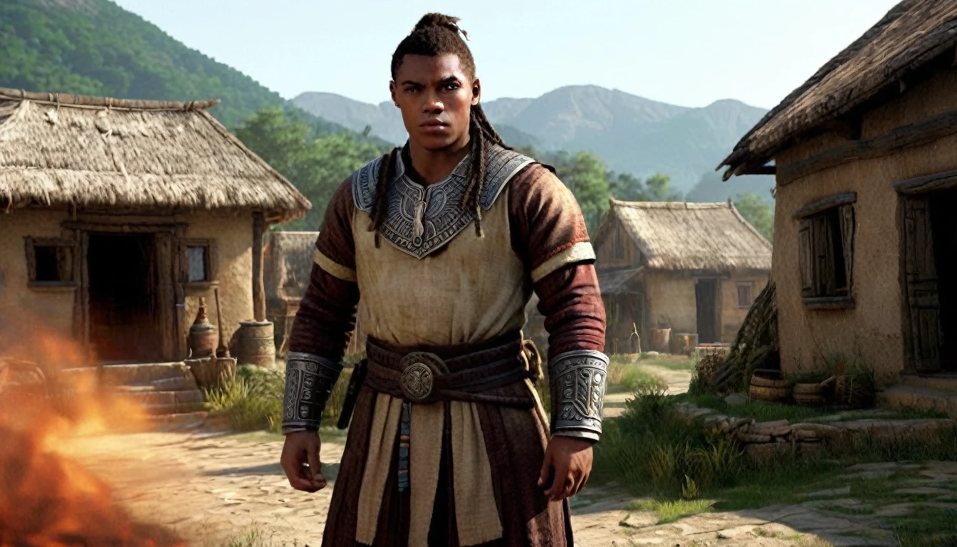 Characters: young Lucian, Description: showing signs of power from a young age, Era: ancient mythological times, Clothing: simple traditional attire, Location: small Debele village, Action: standing with a determined look, Background: village scene, Shot type: close-up, Style: hyper-realistic, photo realism, cinematography