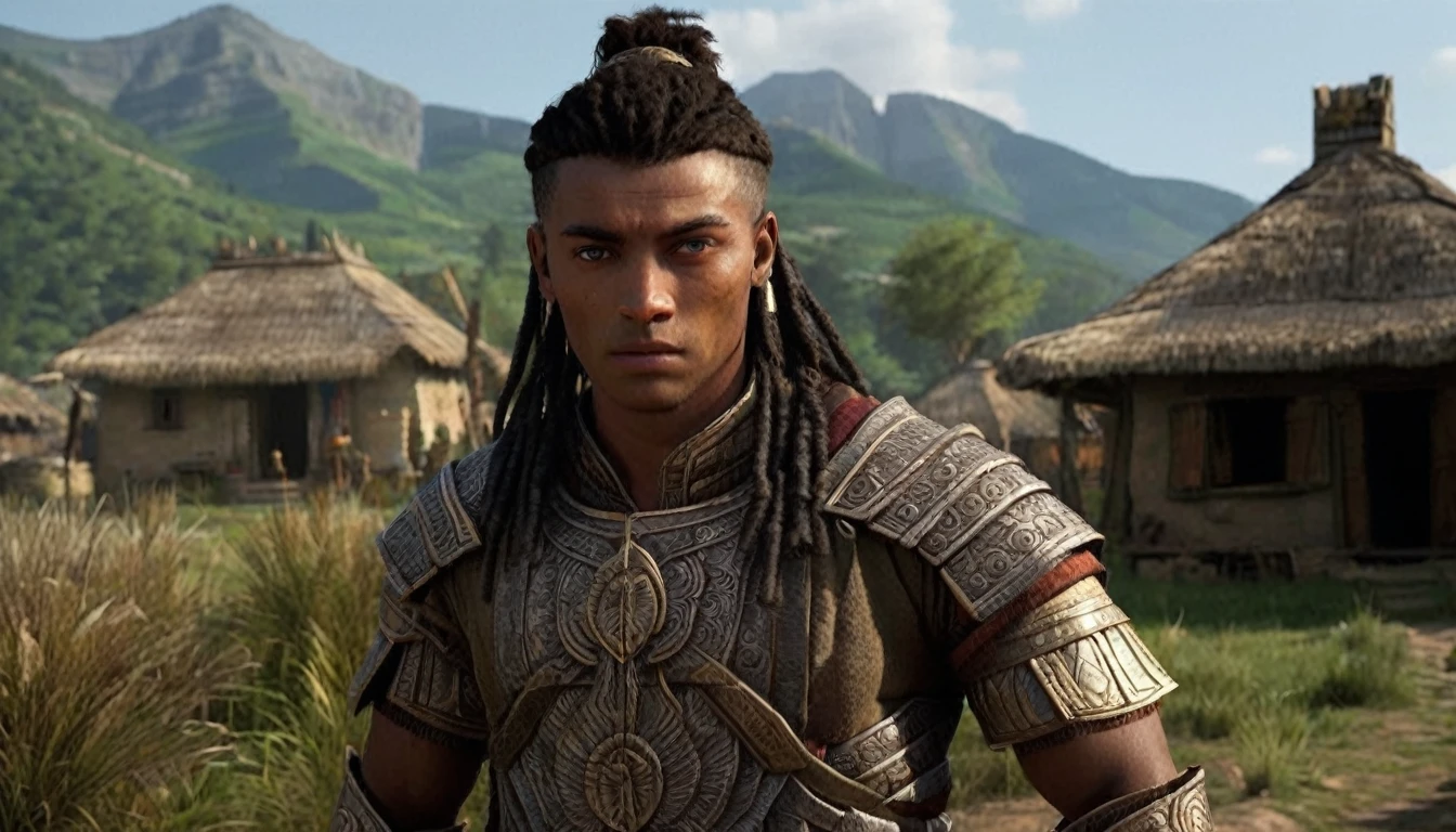 Characters: young Lucian, Description: showing signs of power from a young age, Era: ancient mythological times, Clothing: simple traditional attire, Location: small Debele village, Action: standing with a determined look, Background: village scene, Shot type: close-up, Style: hyper-realistic, photo realism, cinematography