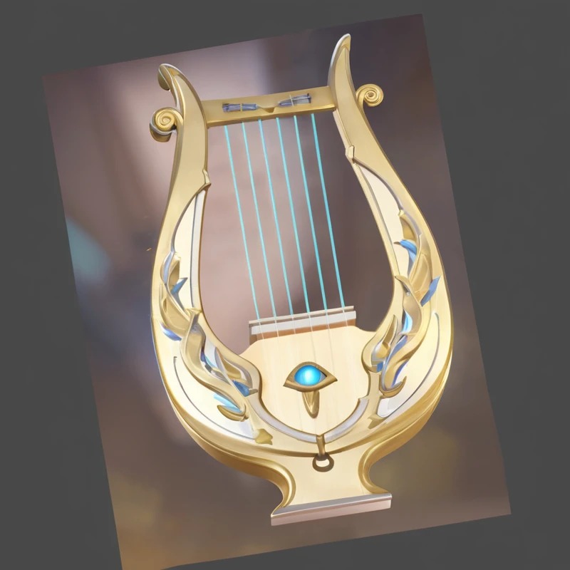 there is a golden harp with a blue eye on it, guitar Concept Art, Overwatch, harp, poet, Concept Art, Concept Art, (Fantasy Violin), Rendering in KeyShot, old, lute, Stylized STL, Keqing from genshin impact, with an harp, Severe jpg artifacts, finished Concept Art, Detailed fan art